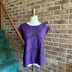 VTG Dark Purple Hippie Boho Festival Embroidered Short Sleeve Tie Waist Top